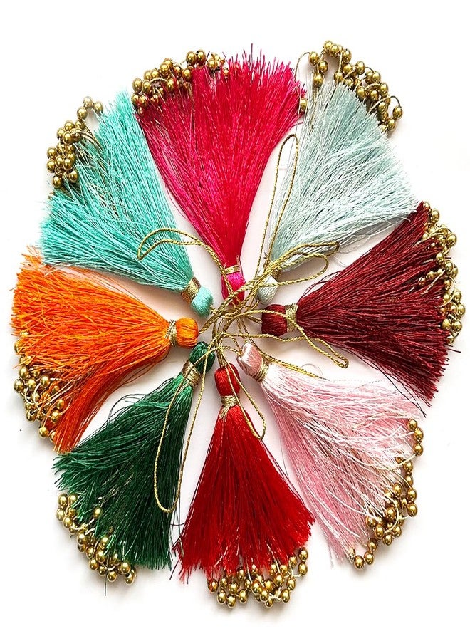 Adikala Pack of 10 Fancy Silk Tassels with Zari Bead Thread Latkan for Perfect Embellishments for Suit, Kurti, Gown, Saree, Blouse, Dupatta, Lehenga & Jewelry, DIY Art & Craft 10CM (Multi Color) - Image 1